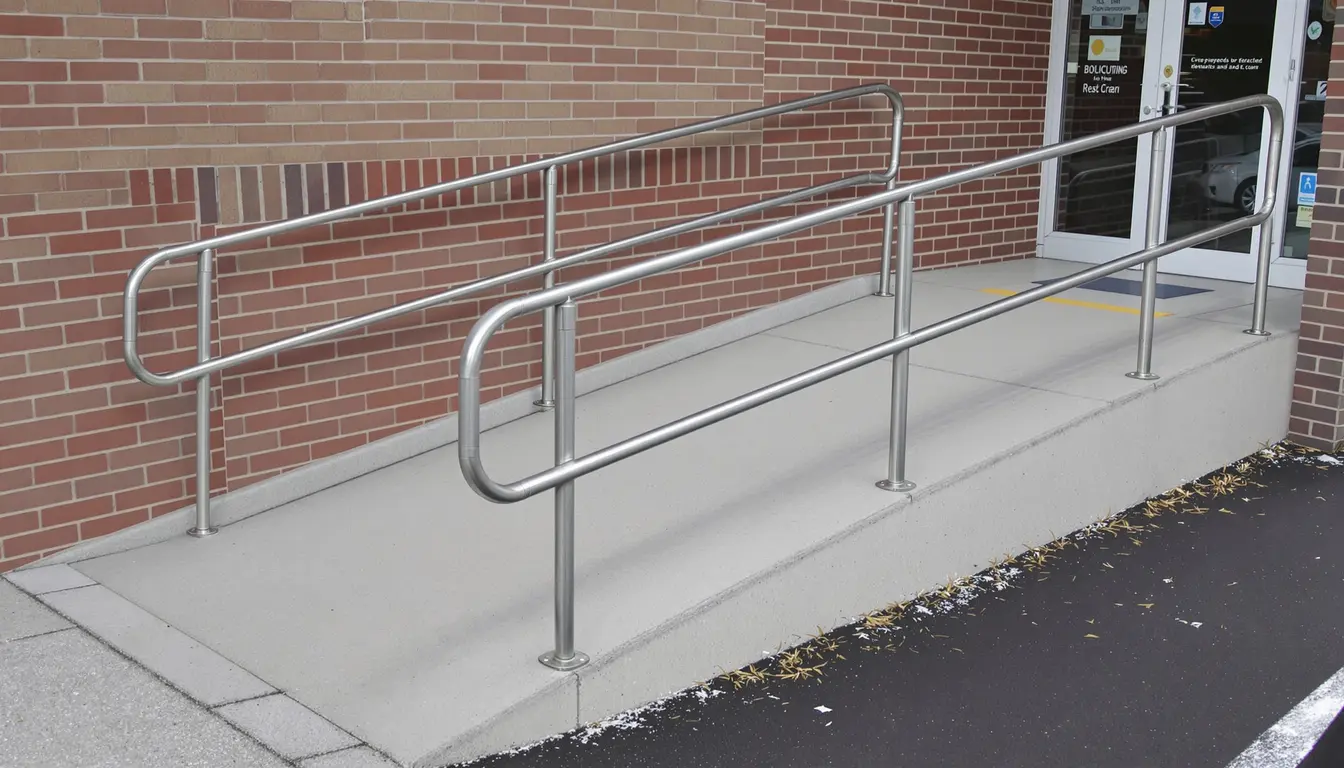 ADA-compliant concrete access ramp with steel handrails at a commercial building