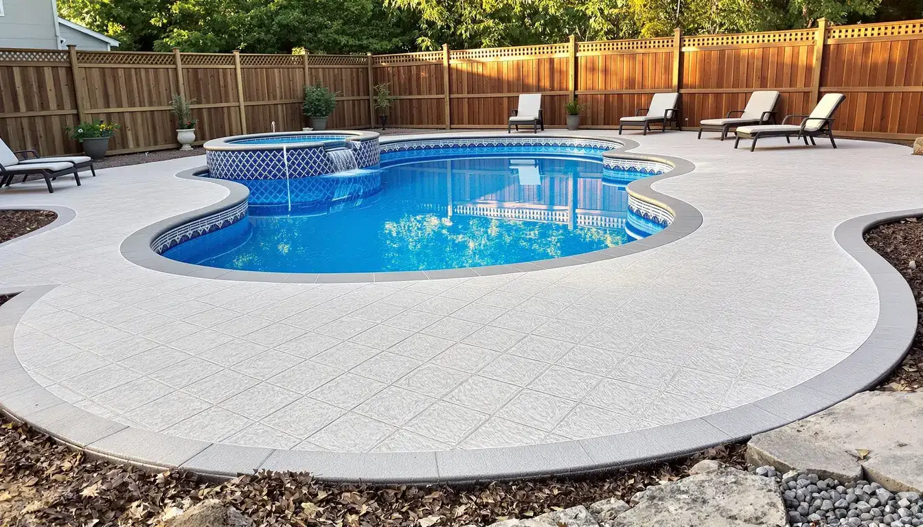 Stamped concrete pool deck surrounding a residential pool in the Kansas City metro