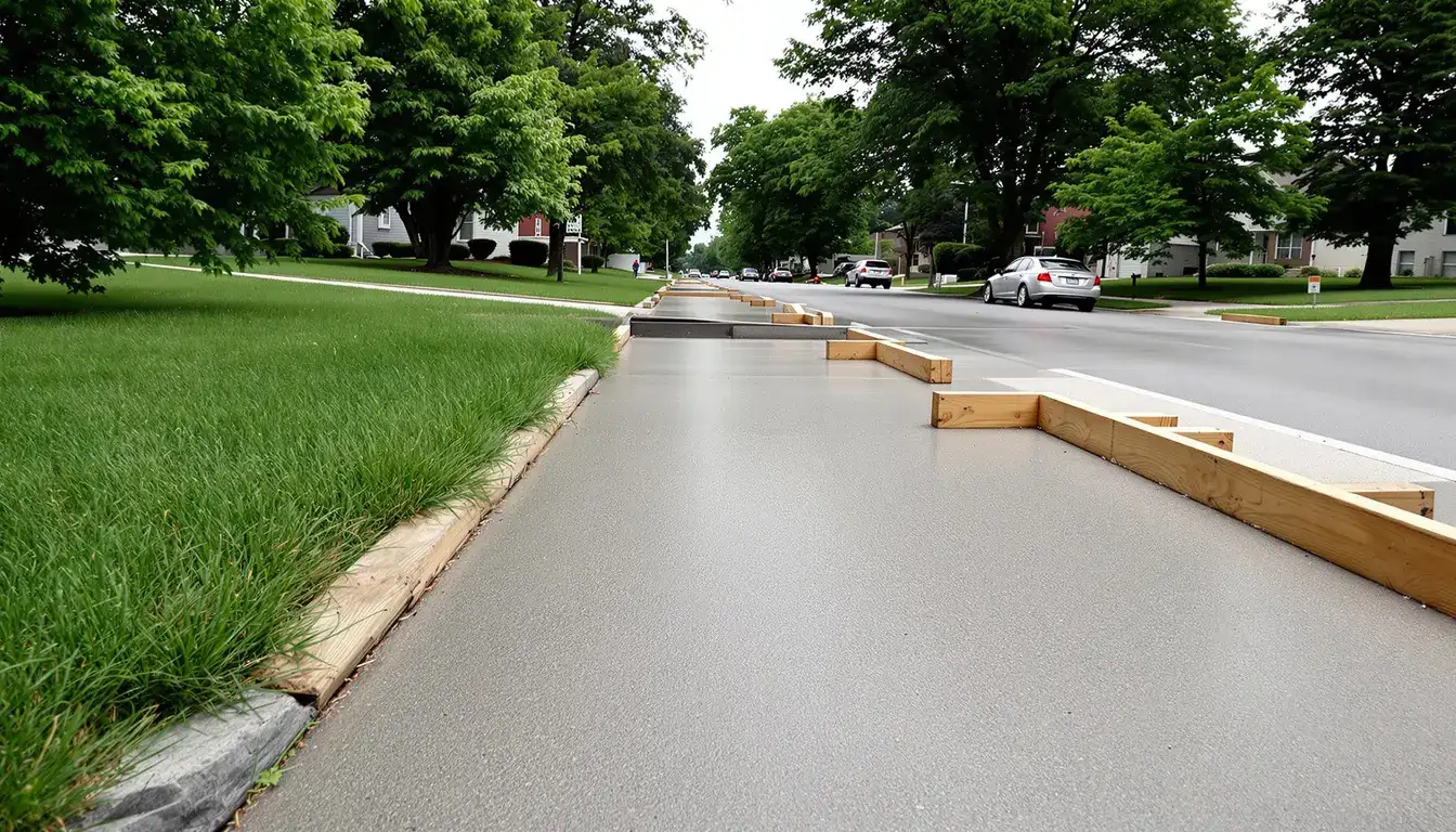 New concrete sidewalk installation along a residential street in the Kansas City area